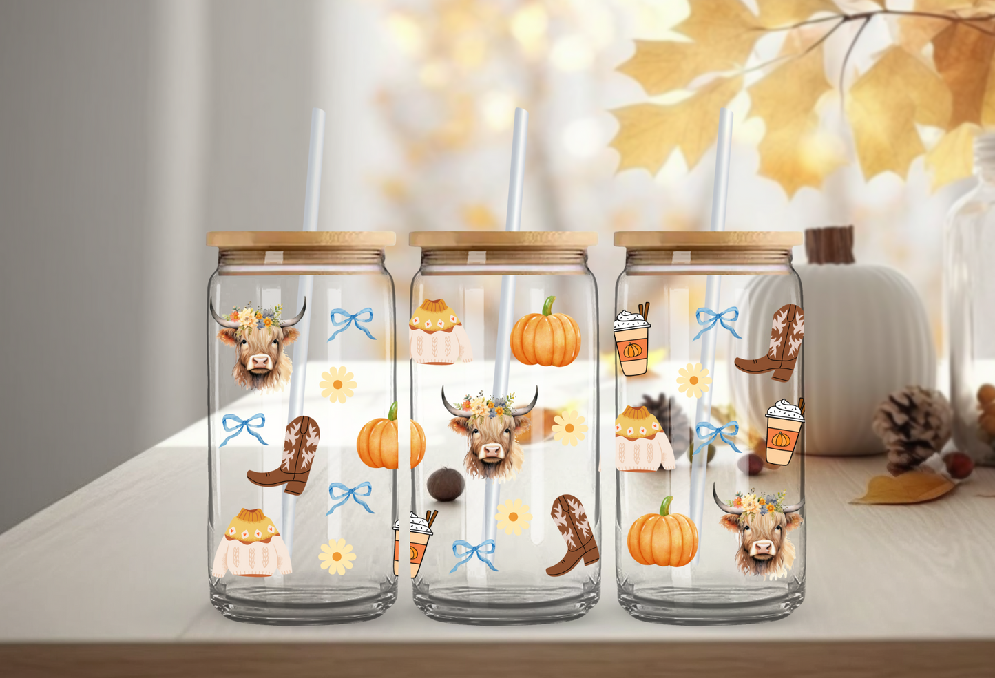 Cow Girl Fall 16 oz Glass Cup